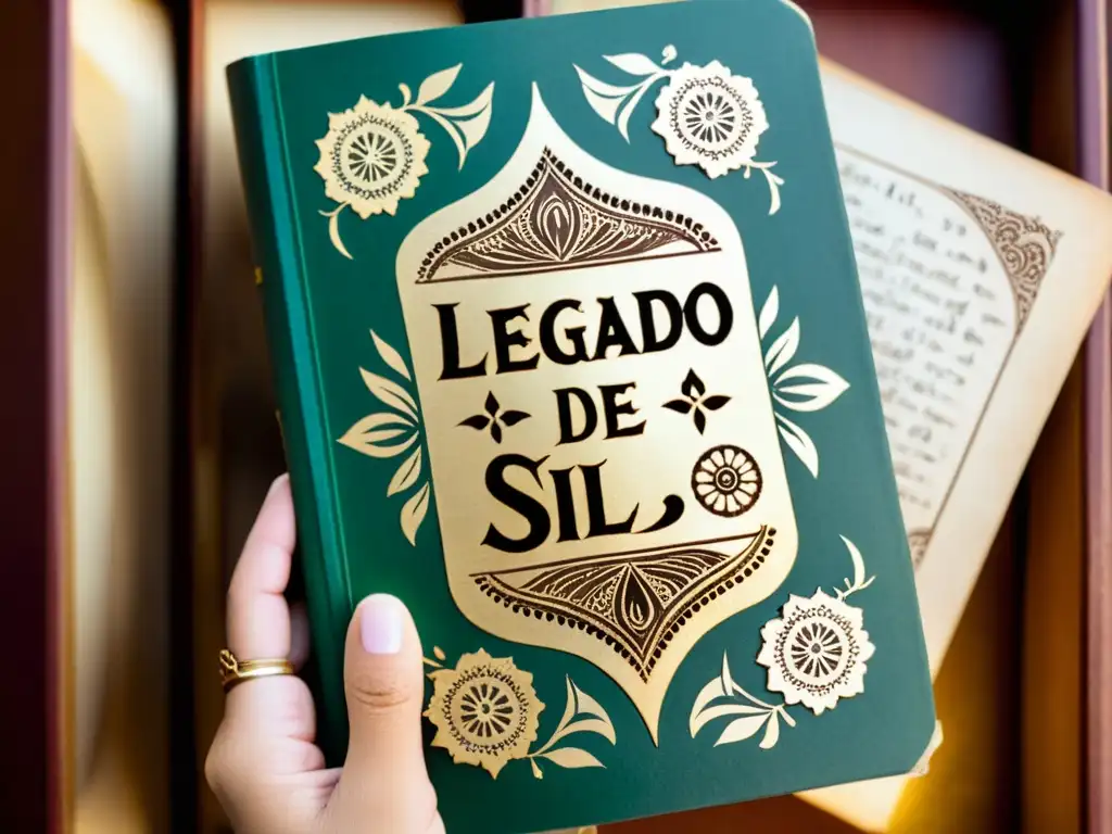 Una mano sostiene un libro desgastado con páginas amarillentas, decorado con símbolos de lenguas marginadas y el título 'El legado de los silenciados'