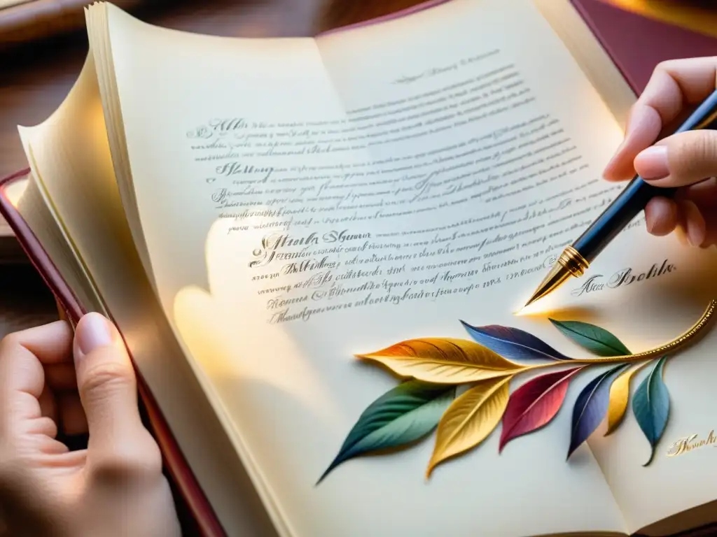 Mano firmando un libro con pluma, en detallada acuarela