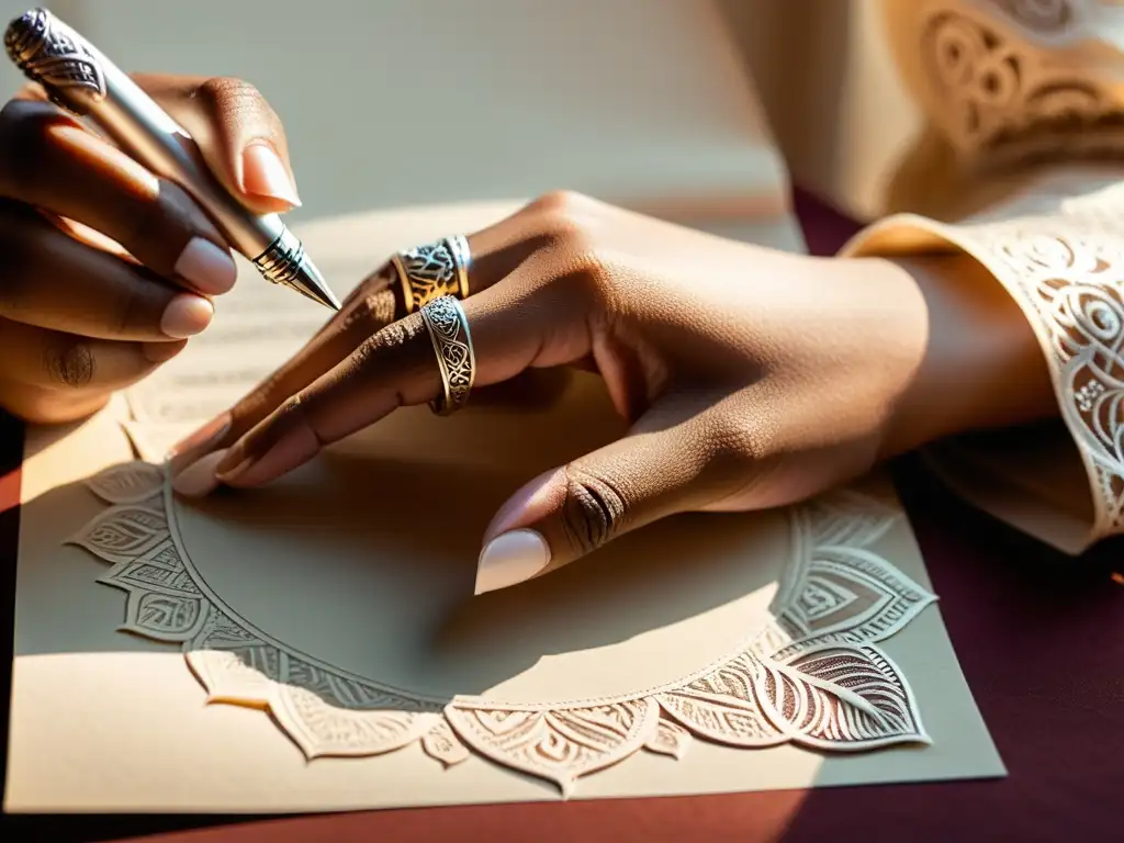 Mano de poeta con anillos de plata y diseños de henna sobre papel en blanco, iluminada por luz cálida con estanterías de libros al fondo