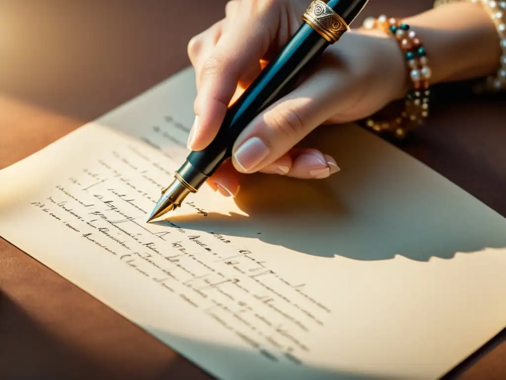 La mano de un poeta sostiene con delicadeza una pluma vintage sobre papel, rodeada de libros de poesía desgastados