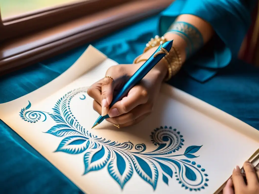 Una mano de poeta sostiene una pluma sobre un papel en blanco, con intrincados diseños de henna