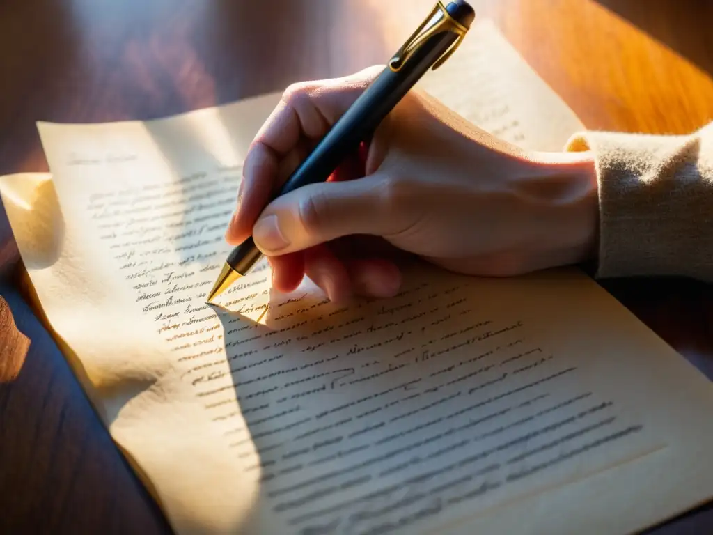 Mano de poeta escribiendo con pluma sobre pergamino iluminado, evocando figuras de construcción poética