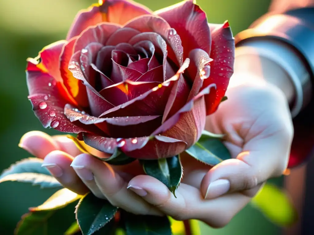 Una mano sostiene una rosa roja vibrante con gotas de rocío, iluminada por el suave sol