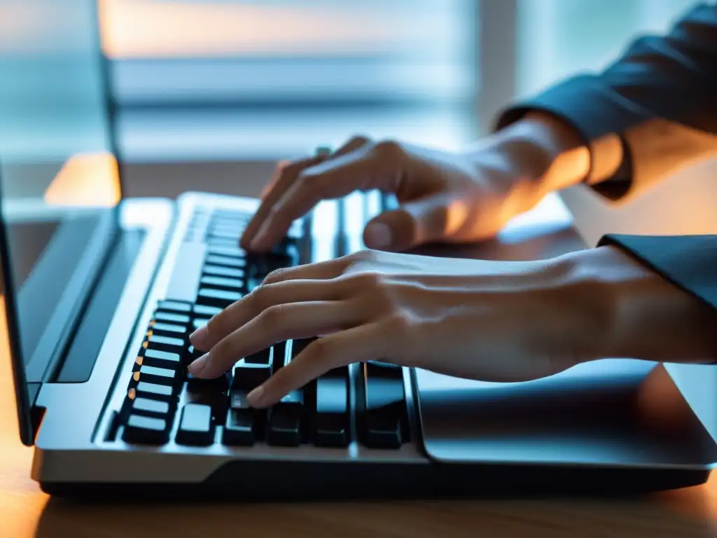 Manos elegantes crean poesía digital en teclado moderno, iluminado por suave luz natural