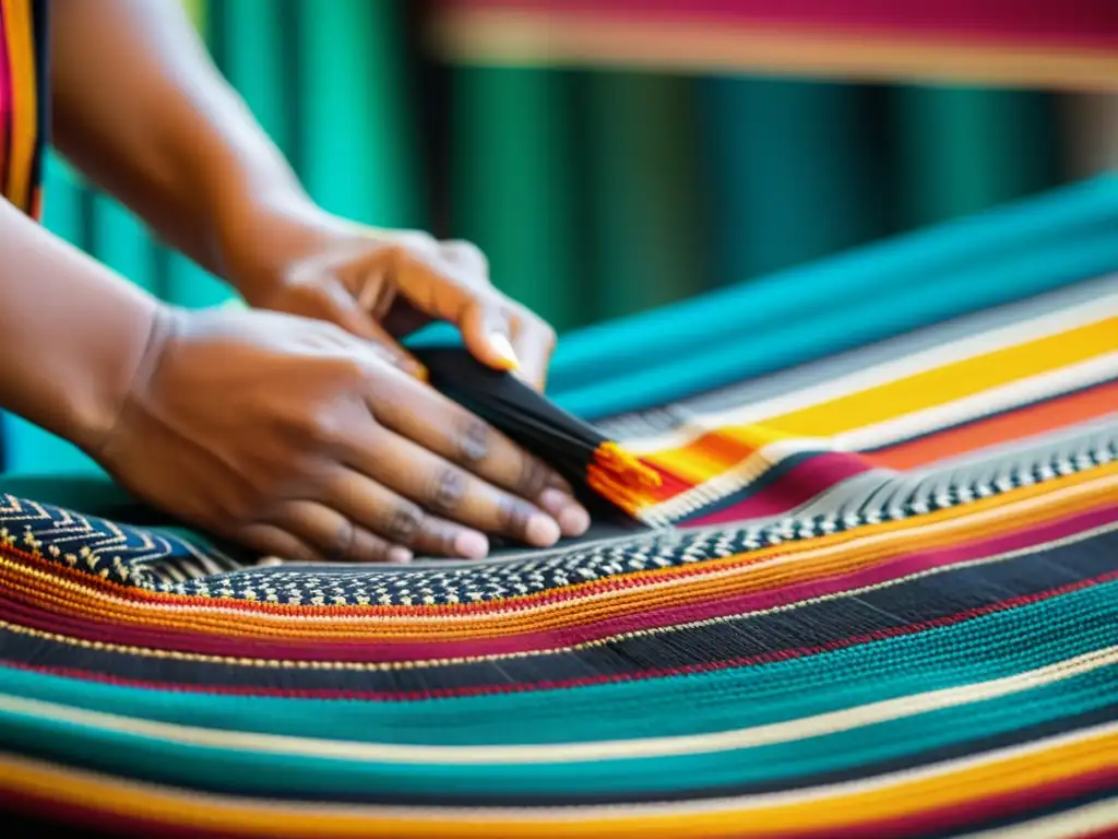 Manos expertas tejen coloridos textiles indígenas, reflejando riqueza cultural