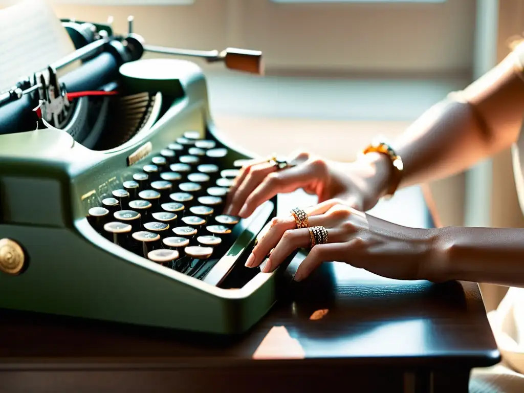 Manos femeninas escribiendo poesía en una antigua máquina de escribir, evocando la emancipación femenina en la poesía de Alfonsina Storni