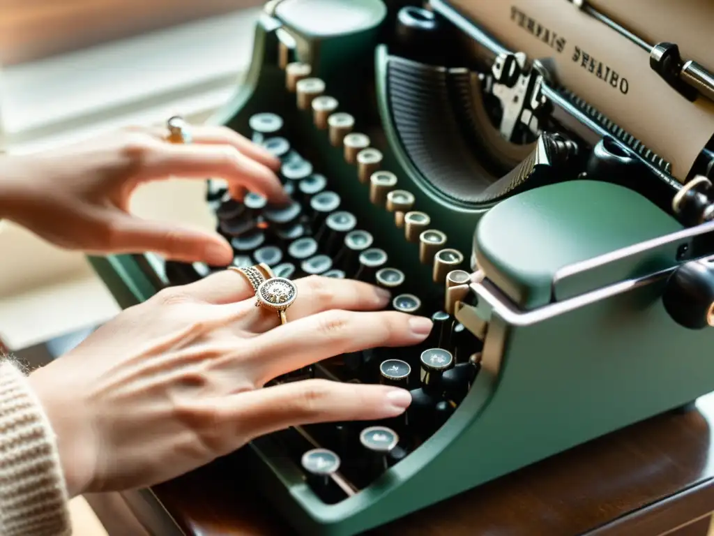 Las manos de una persona teclean en una máquina de escribir vintage, con anillos y pulseras, bajo una cálida luz natural