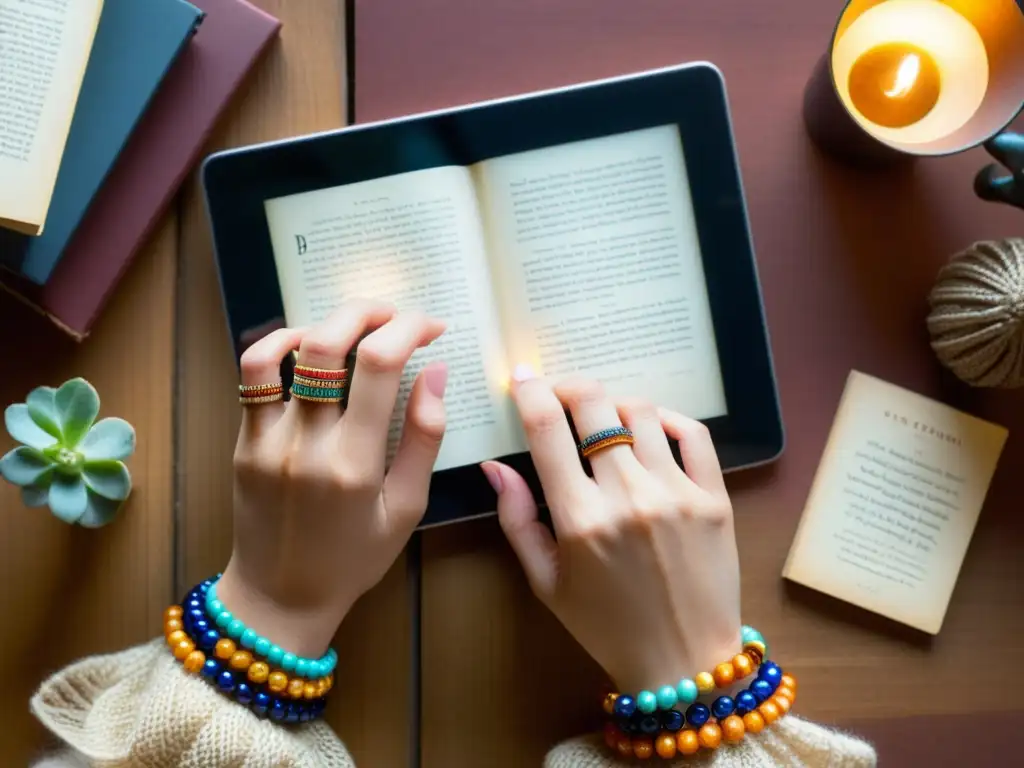 Manos curando poesía en era digital, arreglando libros de poesía vintage en una tablet moderna con calidez y creatividad