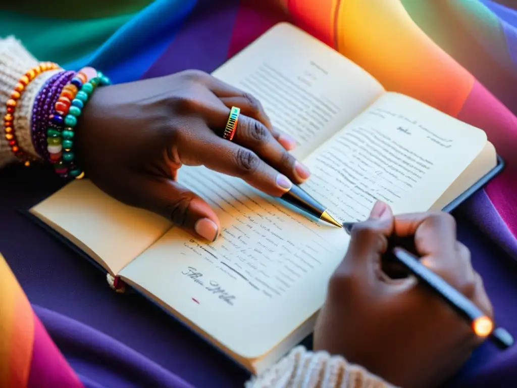 Las manos del poeta escriben poesía LGBTQ+ con autenticidad y pasión, adornadas con coloridas pulseras y anillos