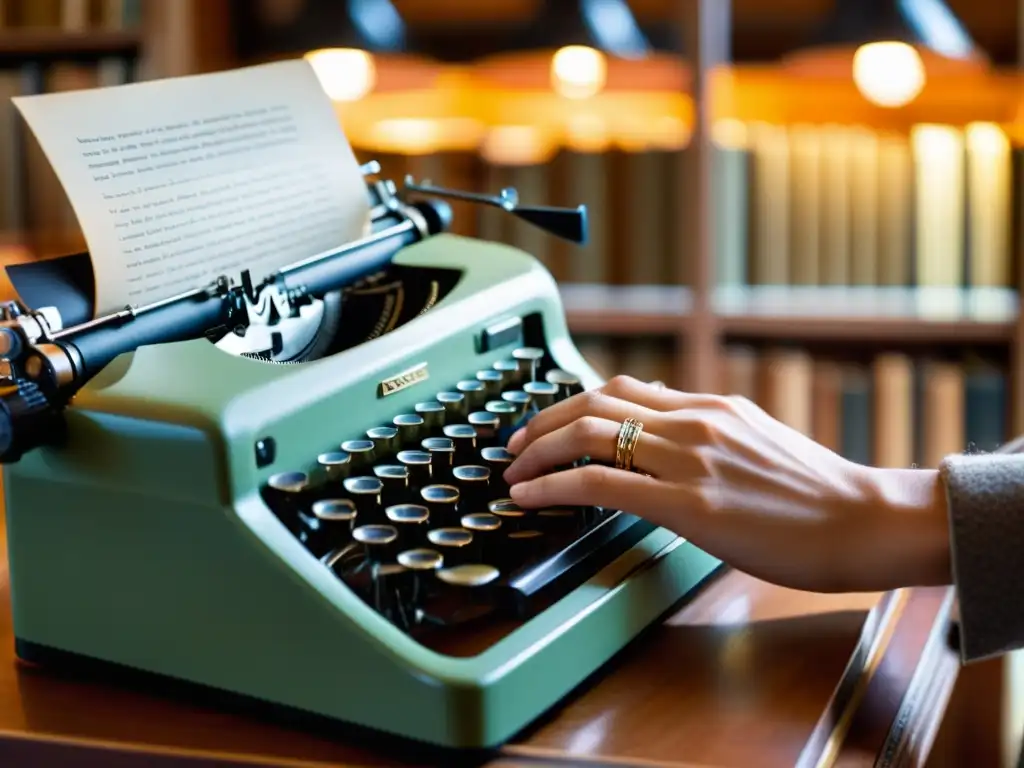 Manos de poeta tecleando en máquina de escribir vintage, rodeadas de libros en diferentes idiomas