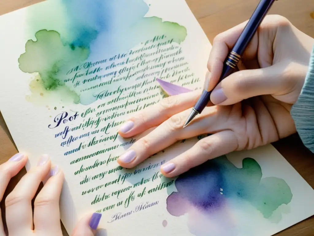 Las manos de un poeta editando un poema con caligrafía en acuarela, rodeadas de sutiles salpicaduras de color