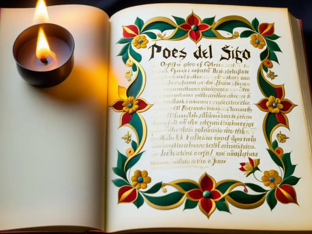 Manuscrito dorado del Siglo de Oro Español con poesía, ilustraciones florales y caligrafía delicada, iluminado por luz de vela cálida