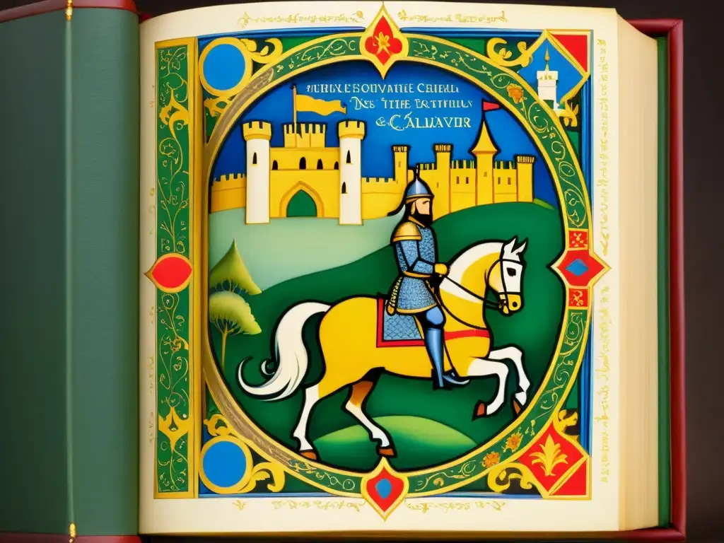 Manuscrito iluminado medieval con poesía, caballeros, castillos y paisajes, destacando la importancia de la poesía en la Europa feudal