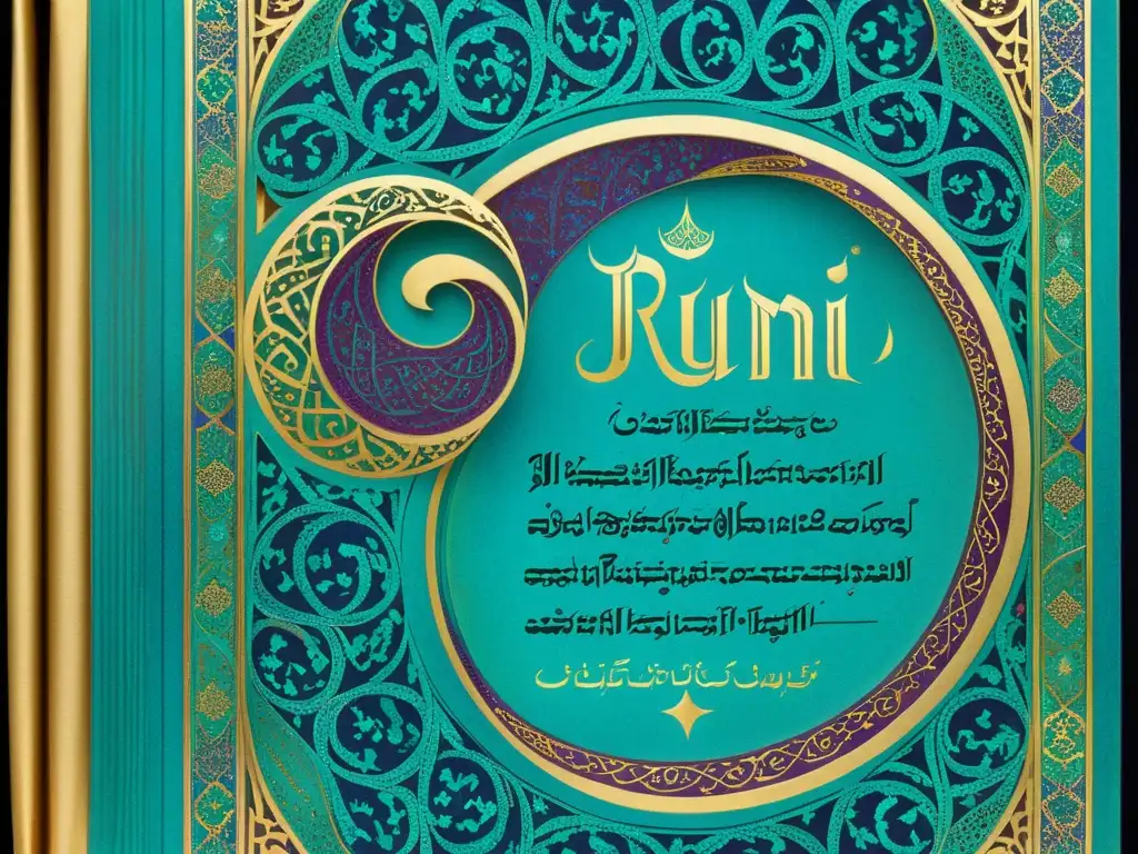 Un manuscrito iluminado de la poesía mística sufí de Rumi, con caligrafía árabe y patrones vibrantes en oro, turquesa y púrpura