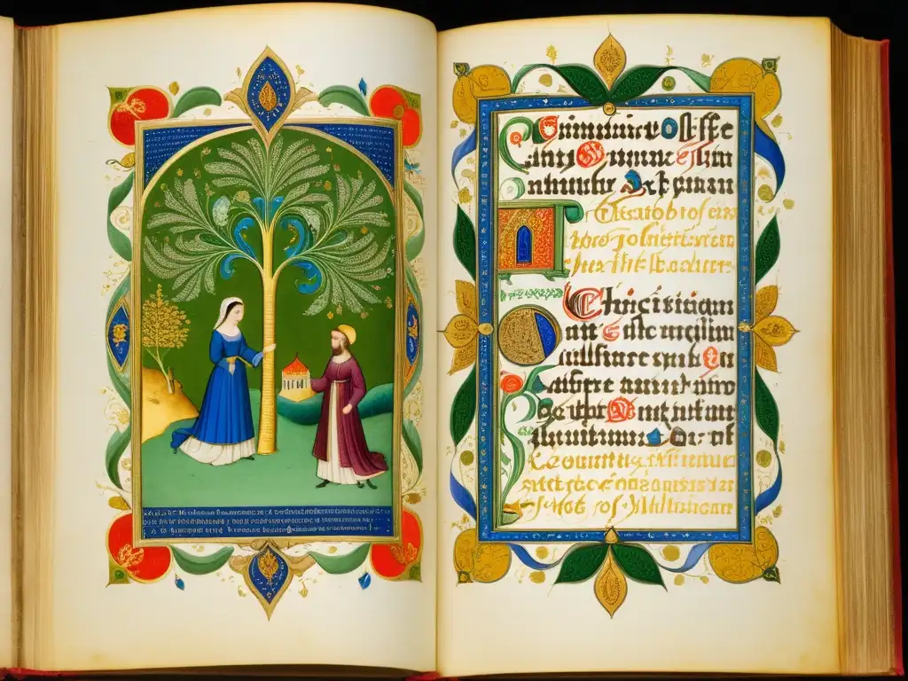 Manuscrito iluminado con riqueza poesía reinos cristianos hispánicos en ilustraciones detalladas y caligrafía intrincada