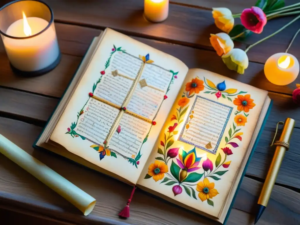 Un manuscrito poético de culturas exóticas, adornado con motivos florales, caligrafía delicada y candelabros iluminados