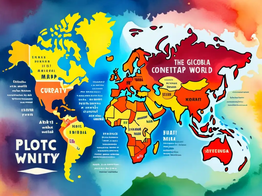 Mapa mundial en acuarela con símbolos culturales y versos poéticos, representando la poesía en redes sociales a nivel global