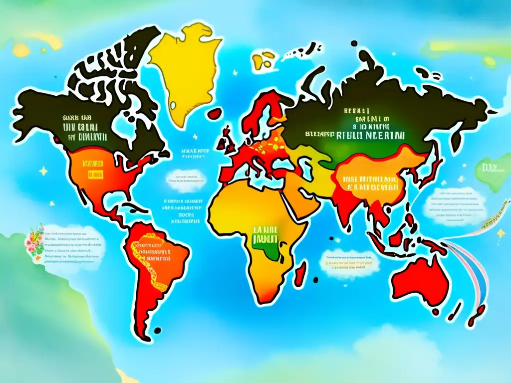 Mapa mundial de la poesía contemporánea con globalización en versos y colores vibrantes