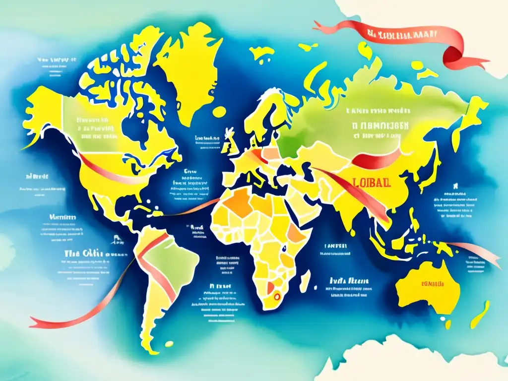 Mapa mundial detallado en acuarela con poesía en varios idiomas, ilustraciones de monumentos y ribbons de poesía contemporánea