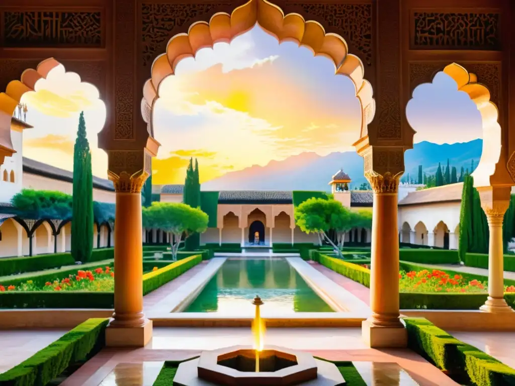 Maravilloso cuadro acuarela de la Alhambra al atardecer, con caligrafía árabe y patrones florales