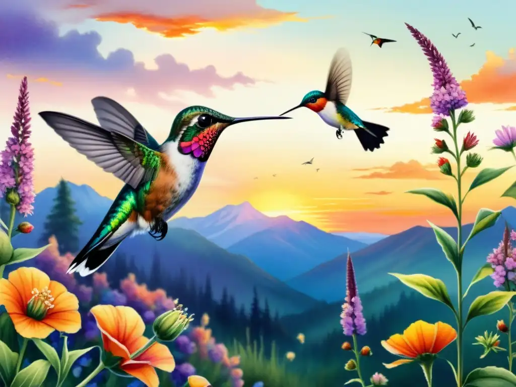 Maravilloso cuadro de colibrí y flores en acuarela, con un atardecer sereno de tonos rosados, violetas y naranjas