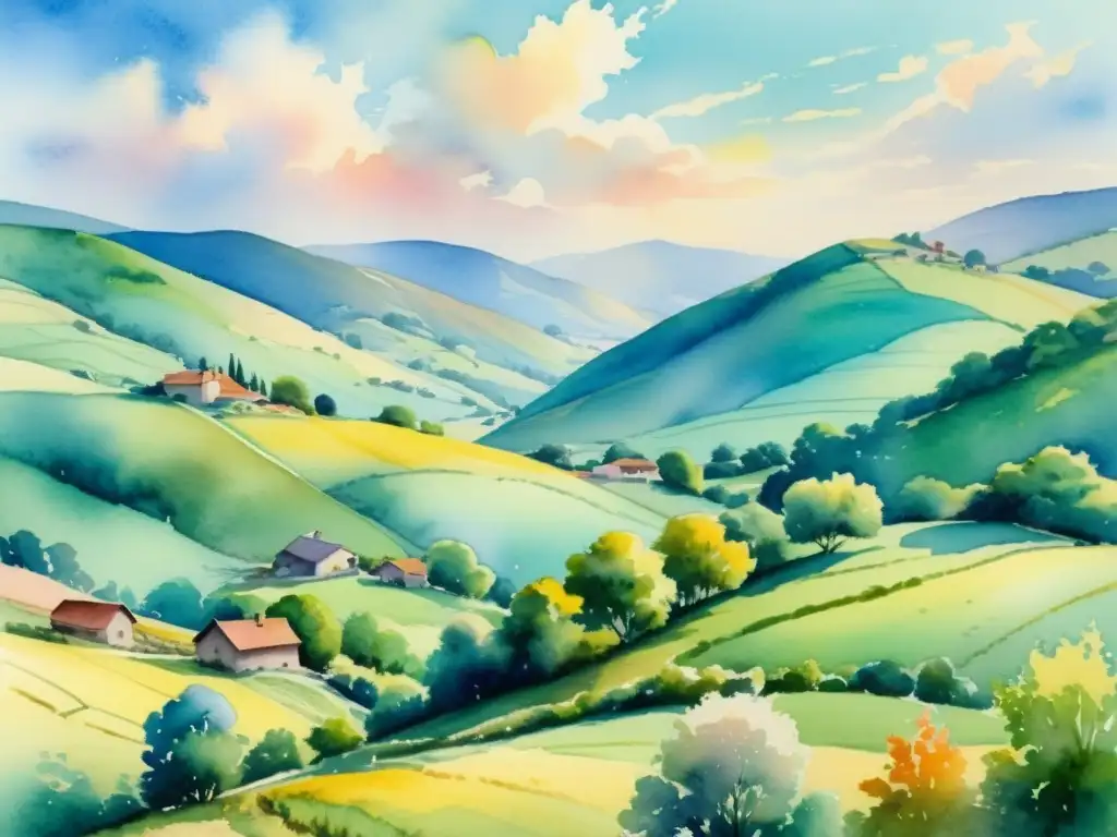 Maravilloso paisaje rural en acuarela, inspirado en la poesía contemporánea de Antonio Machado