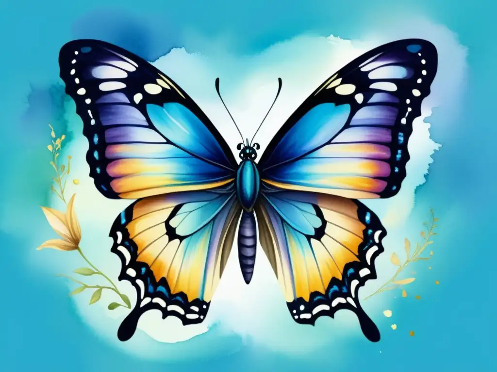 Mariposa en metamorfosis: acuarela en tonos vibrantes Una mariposa emerge de su capullo con tonos vibrantes de azul, morado y dorado, capturando la esencia de la transformación y la belleza