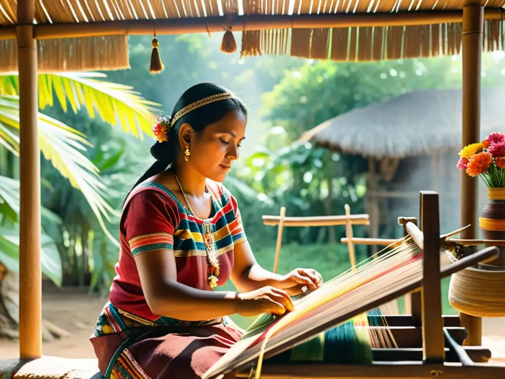 Una maya tejiendo un patrón tradicional con hilos vibrantes bajo la luz cálida, evocando la tradición y maestría artística de la poesía maya