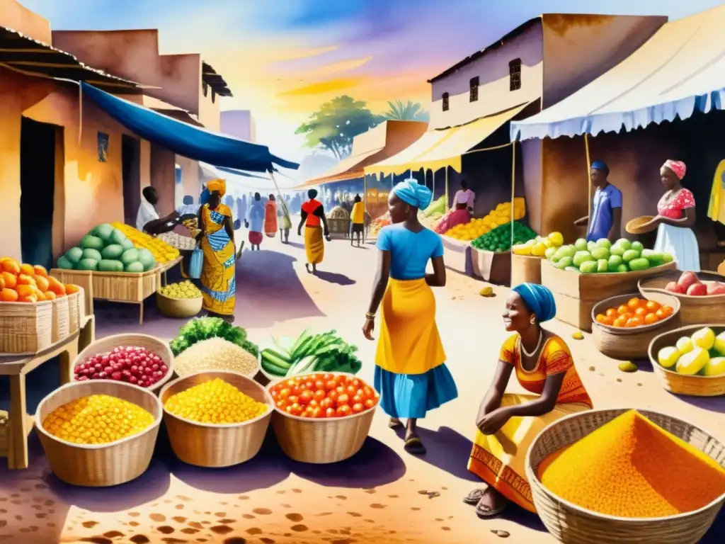 Un mercado africano bullicioso con ropa tradicional, cestas tejidas y productos frescos bajo la cálida luz dorada