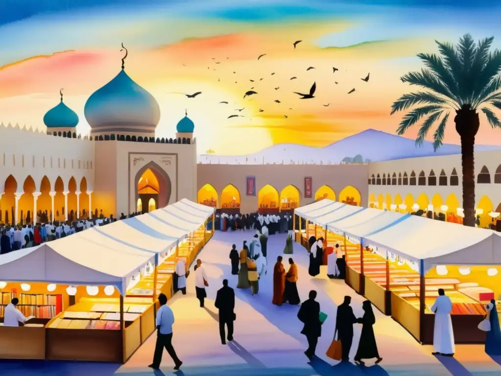 Un mercado bullicioso en la Feria del Libro de Sharjah, con puestos coloridos de caligrafía árabe y poesía ancestral