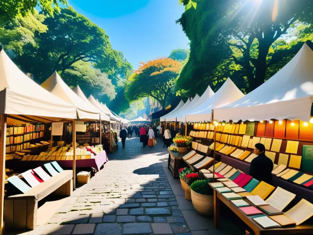 Un mercado bullicioso lleno de coloridos letreros pintados a mano que anuncian libros de poesía y manuscritos