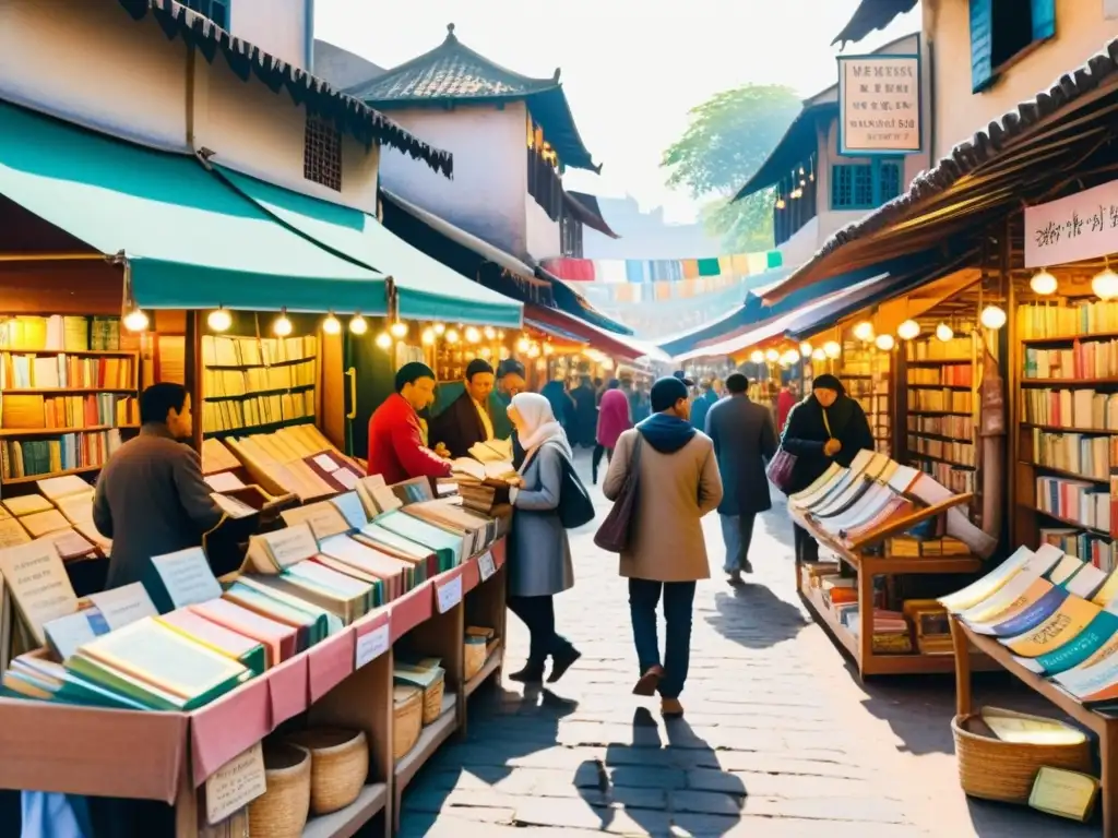 Un mercado vivo y colorido lleno de puestos de libros de poesía rara, bañado por la cálida luz del sol