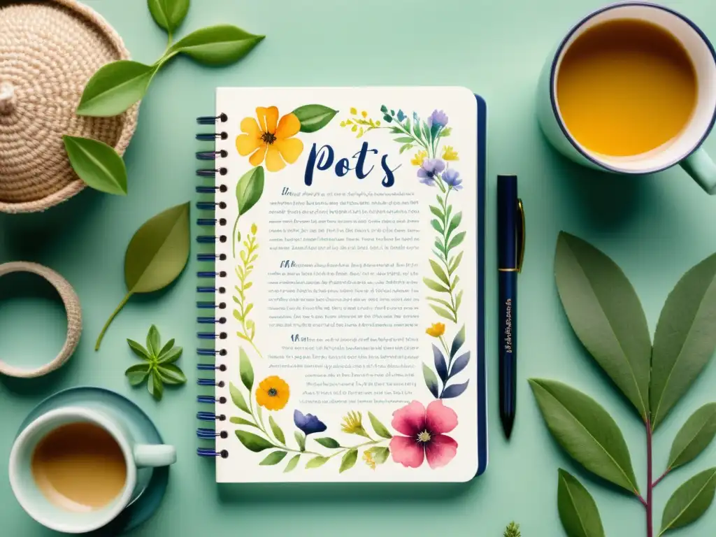 Merchandising poético para poetas: ilustración acuarela de un cuaderno rodeado de productos con versos poéticos y detalles florales