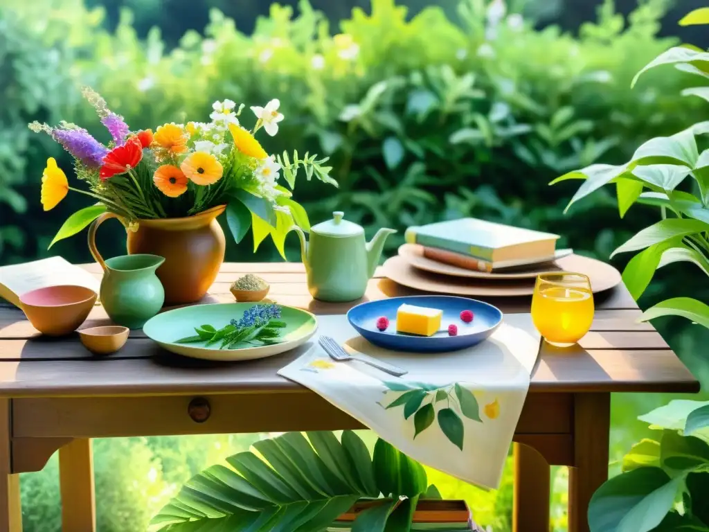 Una mesa de madera larga con platos y libros de poesía rodeada de exuberante naturaleza, irradiando tranquilidad