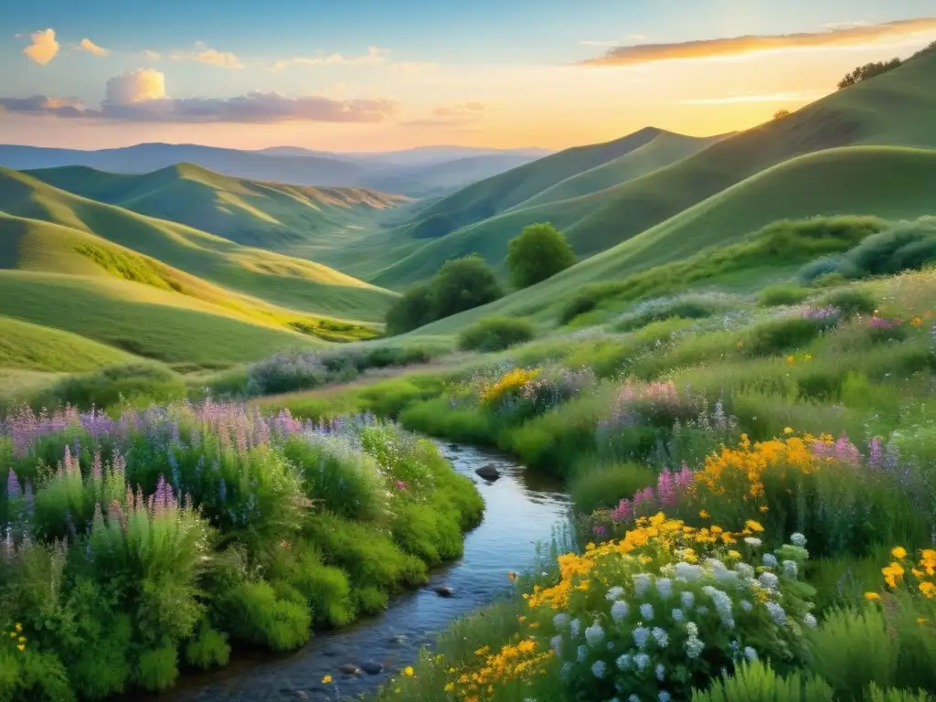 Metáforas naturaleza poesía sánscrita: Paisaje sereno de colinas verdes, flores silvestres y arroyo, bañado en luz etérea