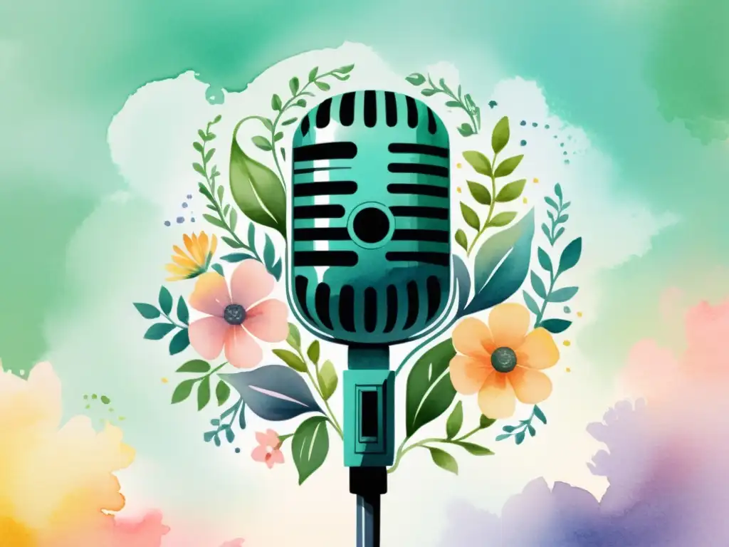 Microfono rodeado de flores y poesía, evocando la belleza de la poesía mundial en podcasts