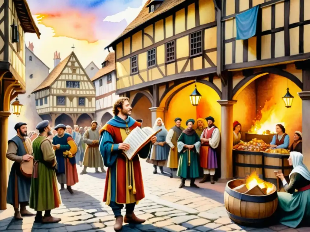 Minstrel medieval cautivando al mercado con su poesía épica Un minstrel medieval cautiva a la audiencia con su poesía épica en un bullicioso mercado
