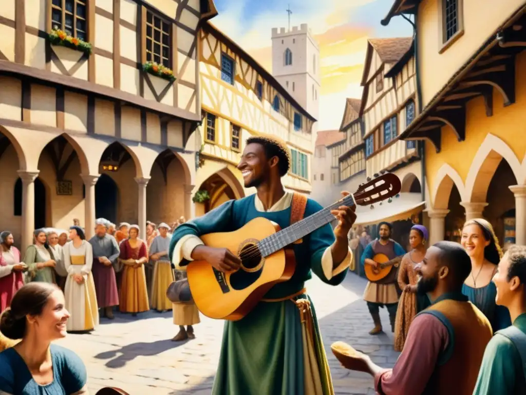 Un minstrel medieval canta formas poéticas entre la diversidad de la bulliciosa plaza, bajo el cálido sol dorado