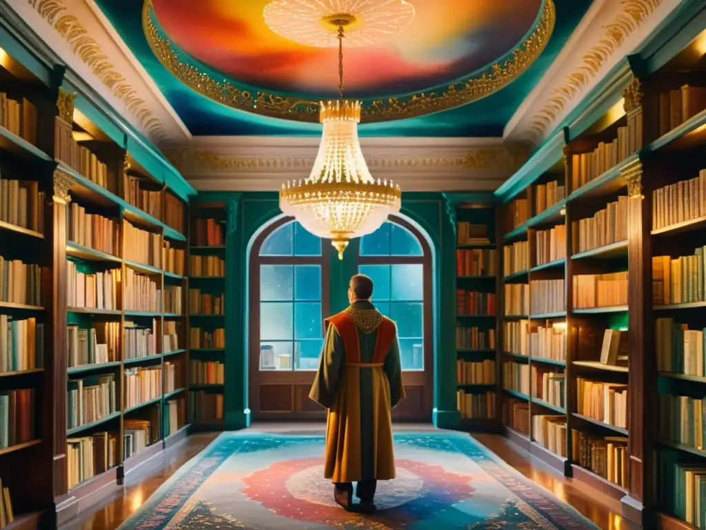 Una misteriosa biblioteca rusa iluminada por candelabros antiguos, evocando el simbolismo ruso en poesía y análisis