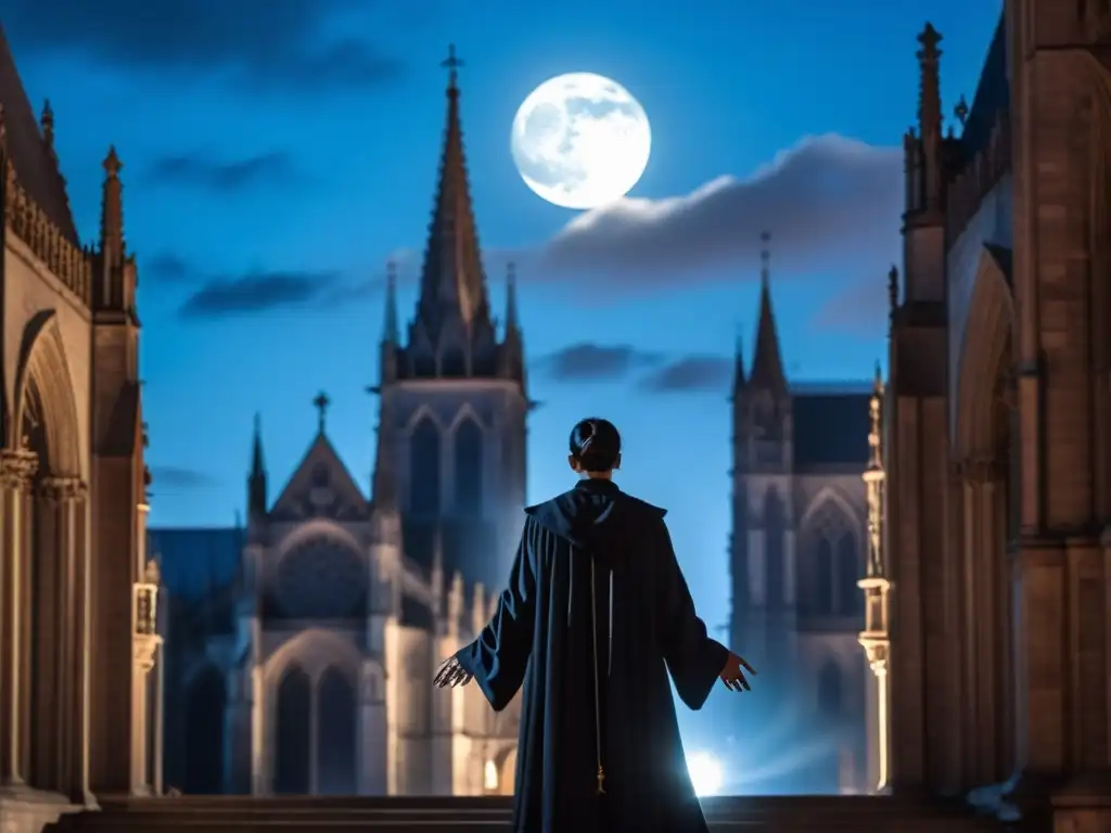 En la misteriosa luz azul, figura en sombras frente a la gótica catedral