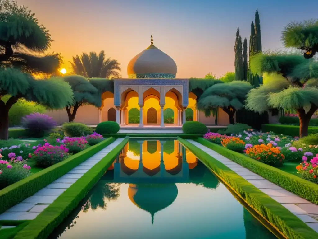 Un jardín persa místico al atardecer, con flores vibrantes, un estanque tranquilo y estructuras de piedra ornamentadas