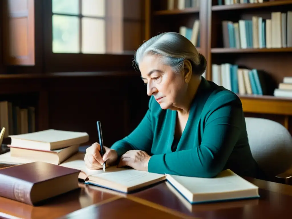 Gabriela Mistral Premio Nobel Literatura reflexiva en su escritorio, rodeada de libros y papeles, iluminada por luz natural cálida