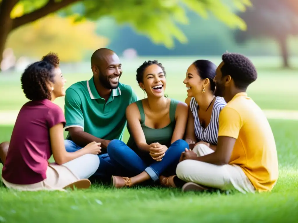 Un momento mágico: amigos de distintas culturas comparten risas y anécdotas en un parque soleado