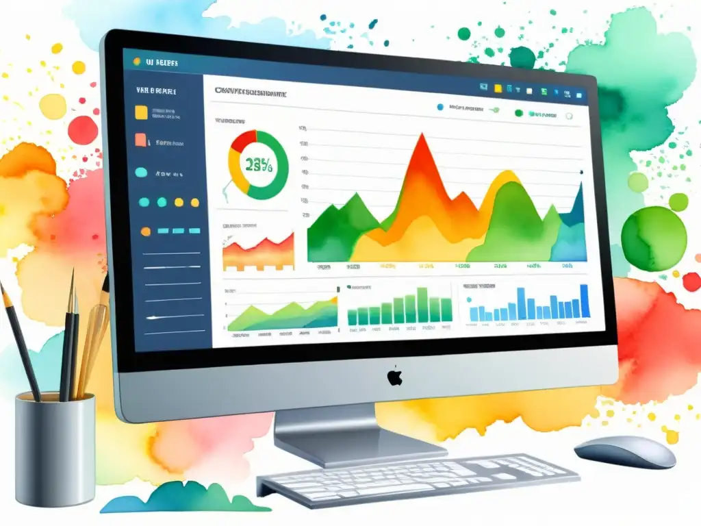 Un monitor moderno muestra gráficos coloridos de analítica web en acuarela