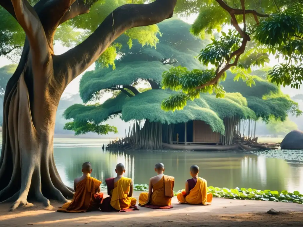 Monjes birmanos en meditación bajo un árbol, recitando poesía religiosa de Myanmar traducida