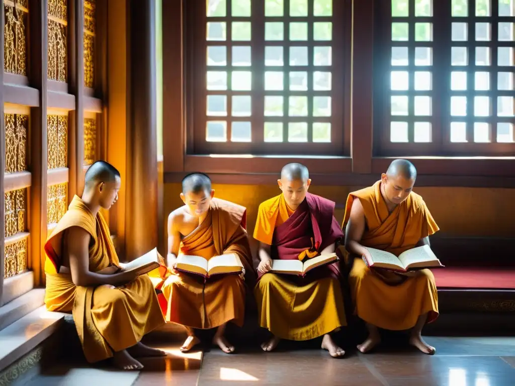 Monjes preservando la poesía sánscrita en un templo adornado, estudiando manuscritos antiguos con reverencia y concentración