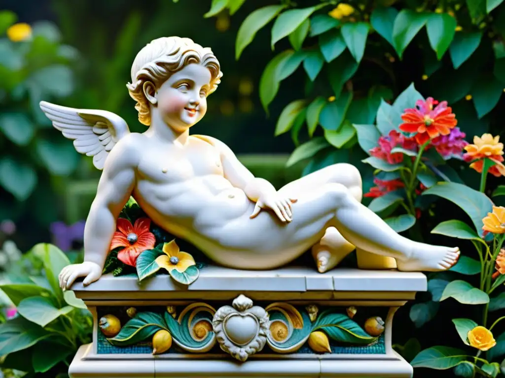 Un mosaico impresionante de Cupido en un jardín exuberante con flores vibrantes y estatuas de mármol