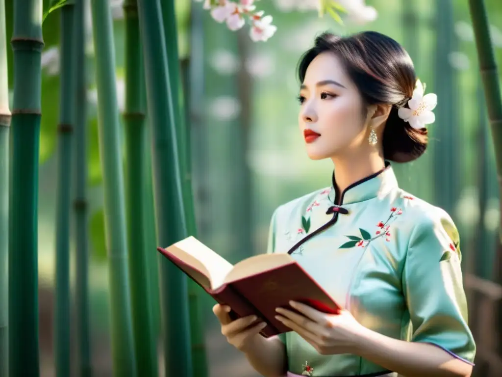 Una mujer asiática viste un qipao de seda en un bosque de bambú, sosteniendo un libro de poesía, evocando fuerza y gracia