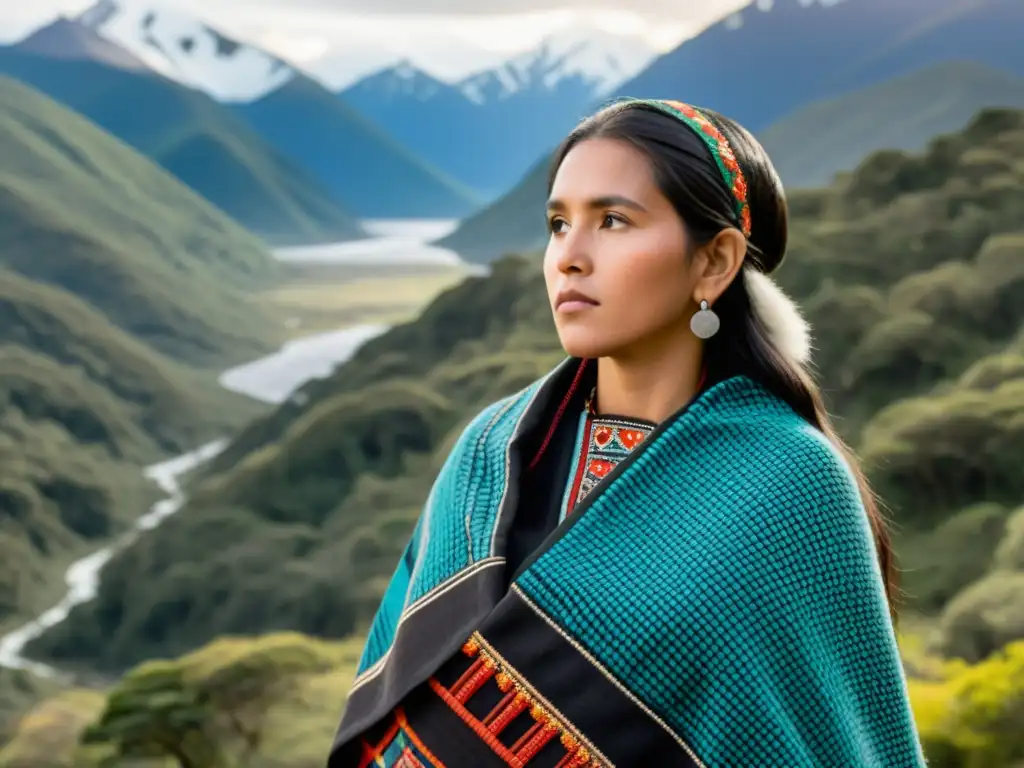 Una mujer Mapuche con vestimenta tradicional, en un bosque exuberante con montañas nevadas de fondo