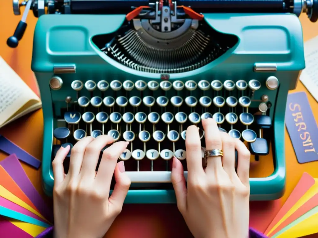 Una mujer escribe en una máquina de escribir, rodeada de poesía colorida y símbolos feministas, reflejando empoderamiento y creatividad